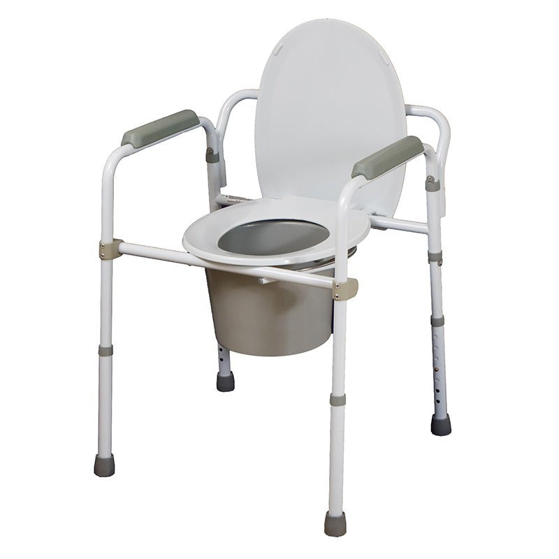 Folding over-toilet frame with armrests, seat, lid and commode pail